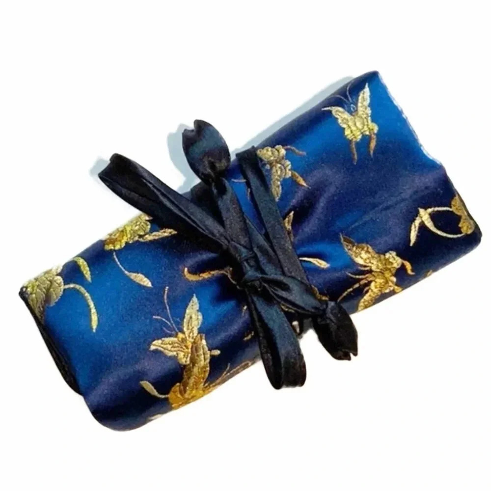 VINTAGE Blue Gold Butterfly Satin Jewelry Roll Travel Case Organizer